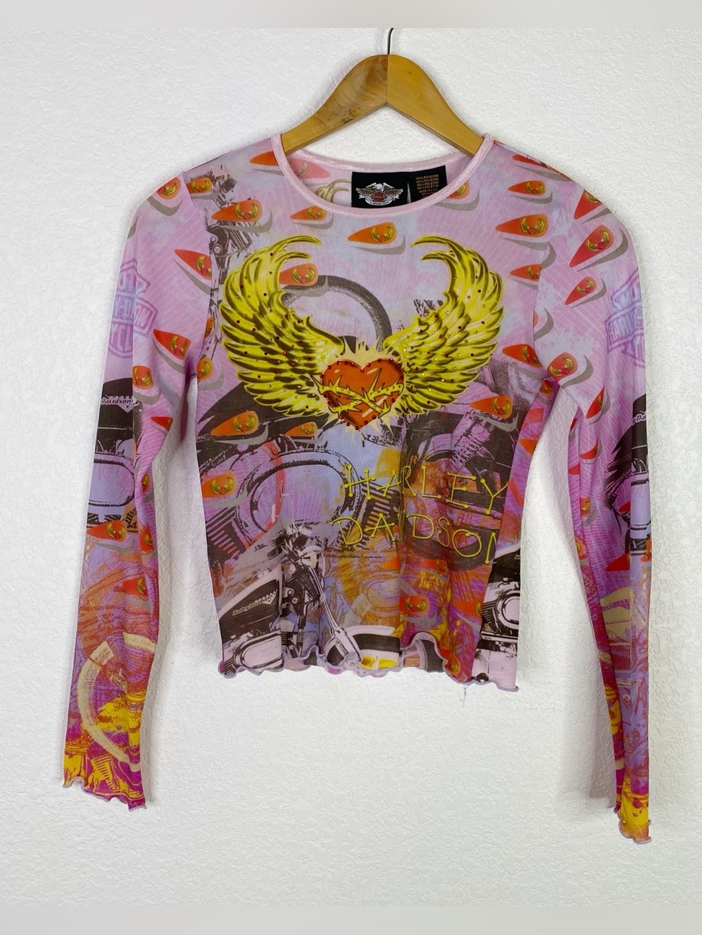 Vintage Y2K Harley Davidson Pink Mesh Rhinestone Long Sleeve Top